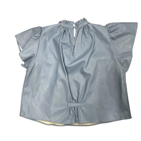 NWT THML Blue‎ Faux Leather Flutter Sleeve Top Womens XS Round Neckline - Picture 2 of 6